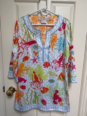 Gretchen Scott sz L Sea Life Bright Colour Tunic preppy beach summer resort